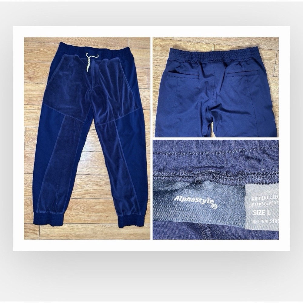 AlphaStyle Mens Velour Paneled Joggers NavyBlu Streetwear Tech Patchwork Pants L
